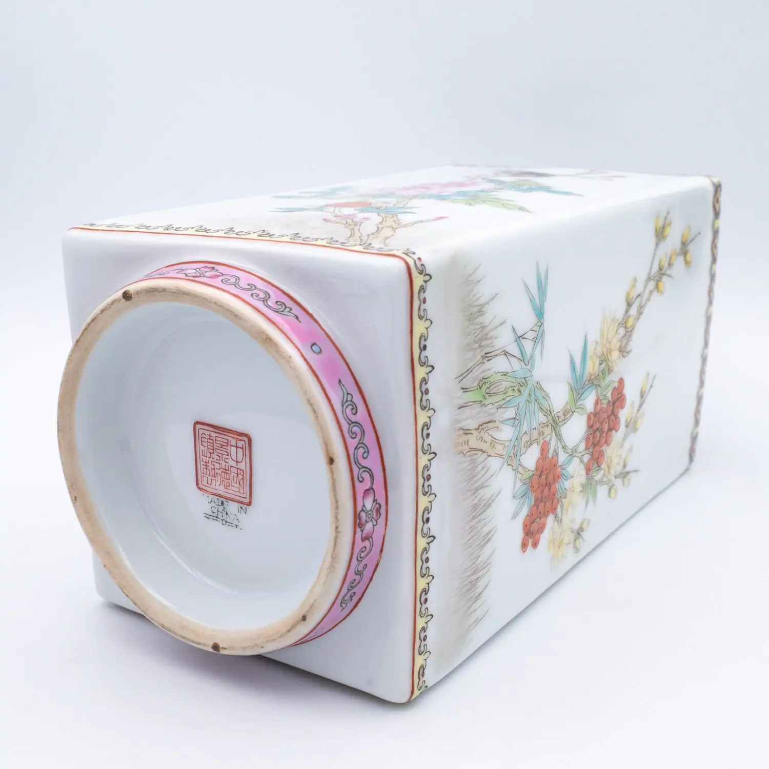 Fine Vintage Chinese Famille Rose Porcelain Cong Vase With Birds and Flowers. 20th century