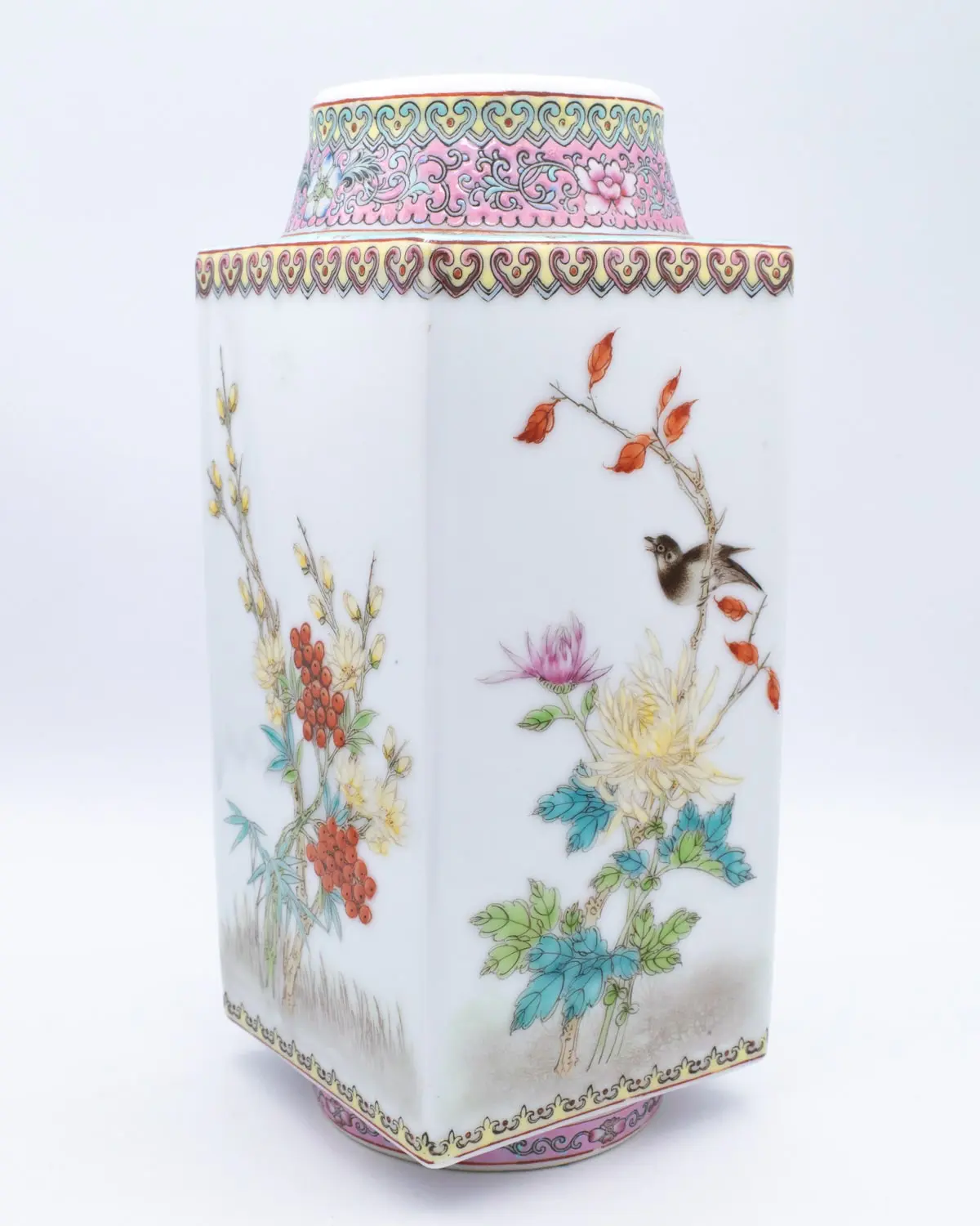 Fine Vintage Chinese Famille Rose Porcelain Cong Vase With Birds and Flowers. 20th century