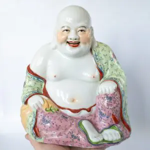 Large Vintage Chinese Famille Rose Porcelain Budai Buddha Figurine. 20th Century