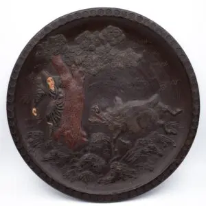 Antique Japanese Tokoname Ware Terracotta Charger. Yamato and the Demon Boar