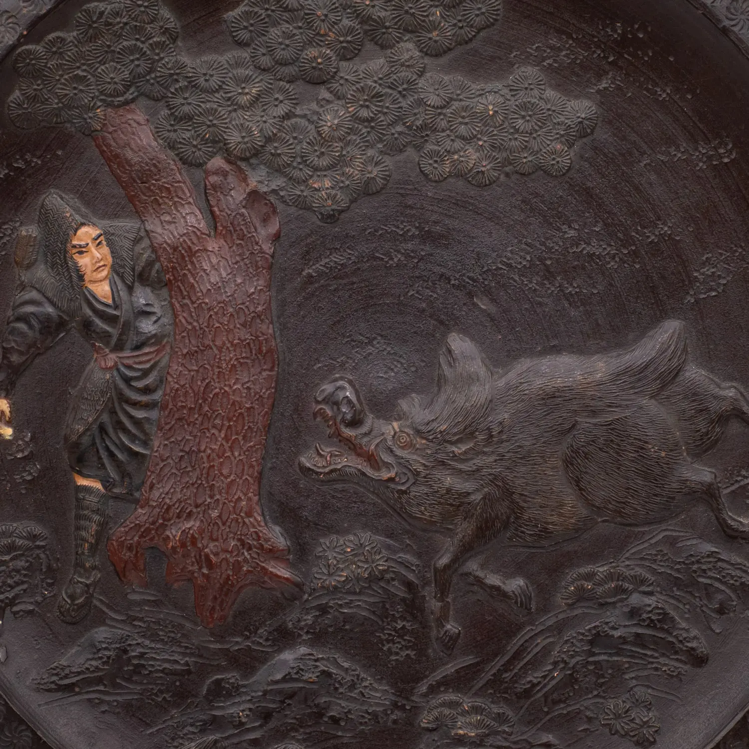 Antique Japanese Tokoname Ware Terracotta Charger. Yamato and the Demon Boar