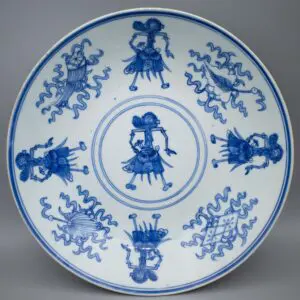 Antique Chinese Blue and White Porcelain Dish For Javanese Market. Wayang Puppets