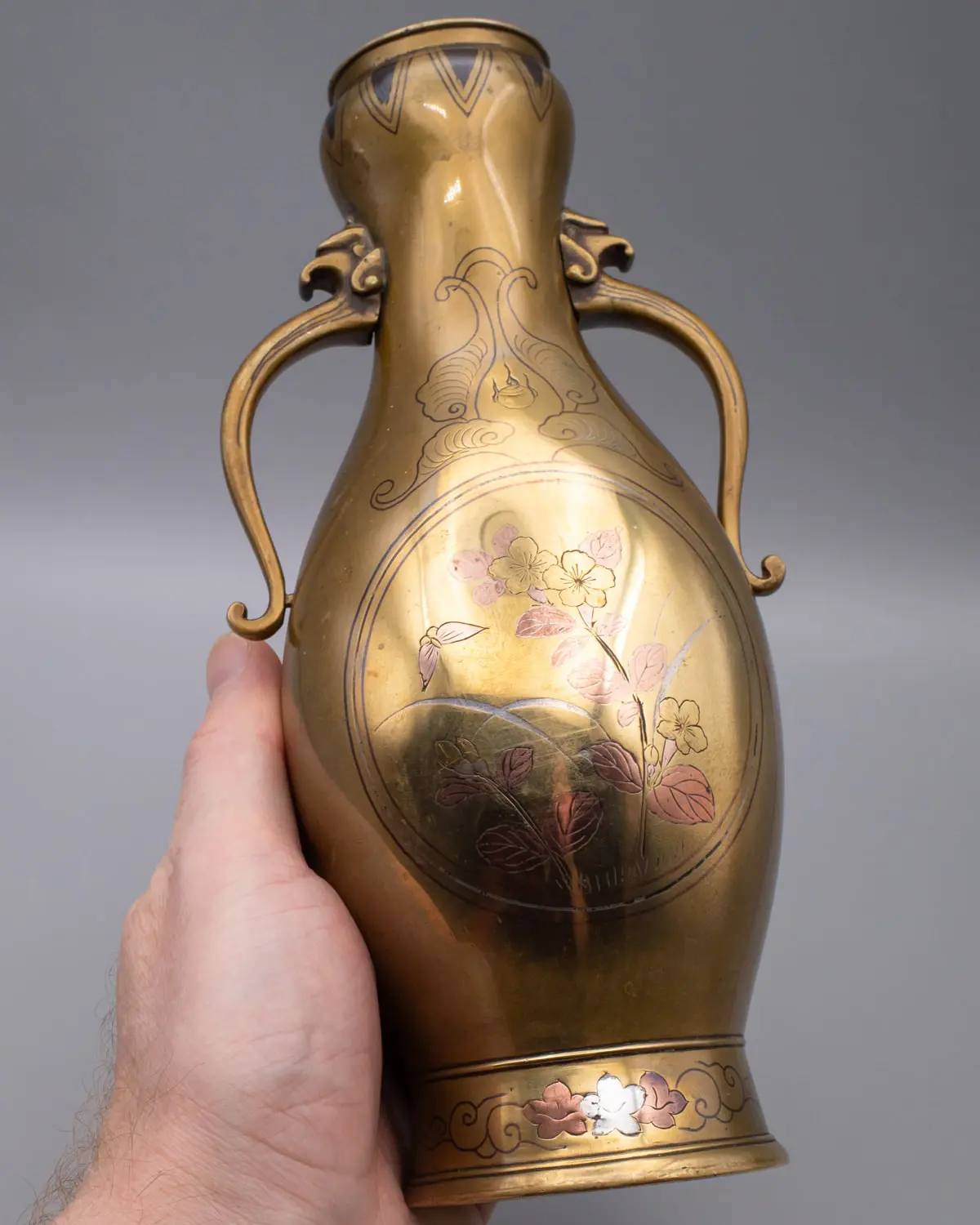 Fine Antique Japanese Mixed Metal Silver and Copper Inlaid Bronze Vases. Meiji Period