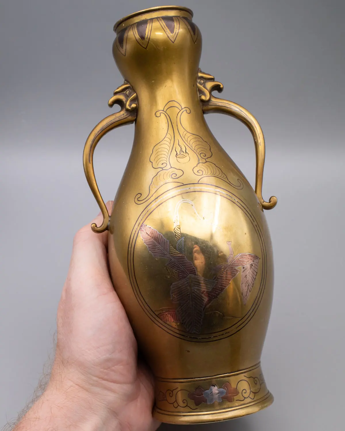Fine Antique Japanese Mixed Metal Silver and Copper Inlaid Bronze Vases. Meiji Period