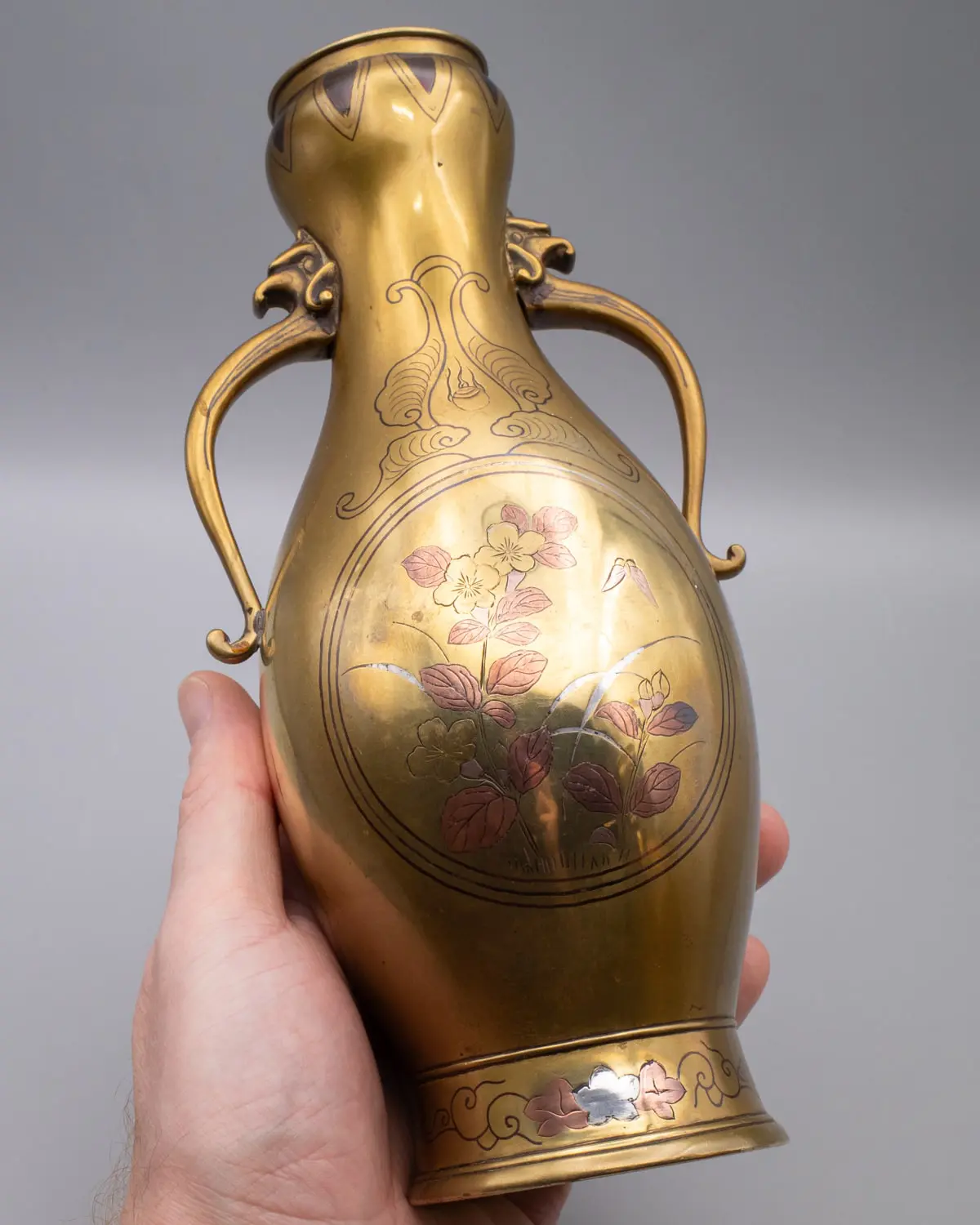 Fine Antique Japanese Mixed Metal Silver and Copper Inlaid Bronze Vases. Meiji Period