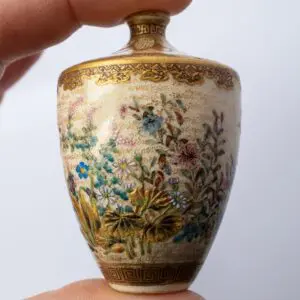 Fine Antique Japanese Miniature Satsuma Pottery Vase With Flowers. Meiji Period