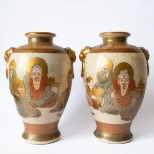 Fine Antique Japanese Satsuma Pottery Vases With Buddha and Rakan. Meiji Period