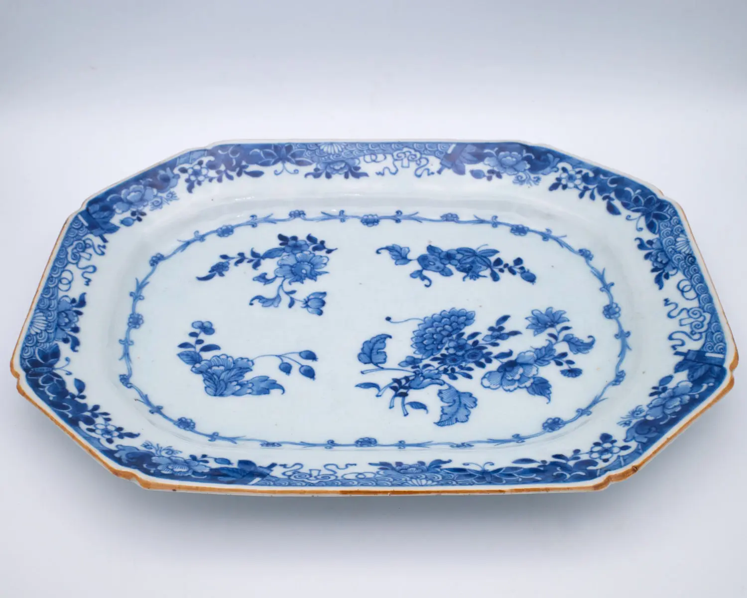 Large Antique Chinese Blue and White Porcelain Octagonal Platter Qianlong Period