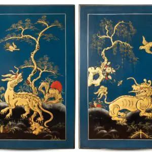 Large Pair of Antique Lacquered Chinoiserie Japanned Wood Panels Likely English