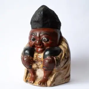 Antique Japanese Meiji Lacquered Wood Papier Mache Seated Figure Humidor Jar