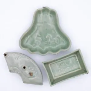 Antique Japanese Sanda Ware Celadon Glazed Water Dropper and Small Dishes. Edo Period