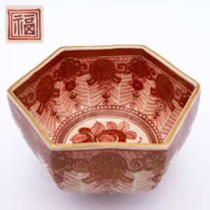 Fine Antique Japanese Hexagonal Aka-e Kutani Porcelain Bowl Fuku Mark Meiji Era