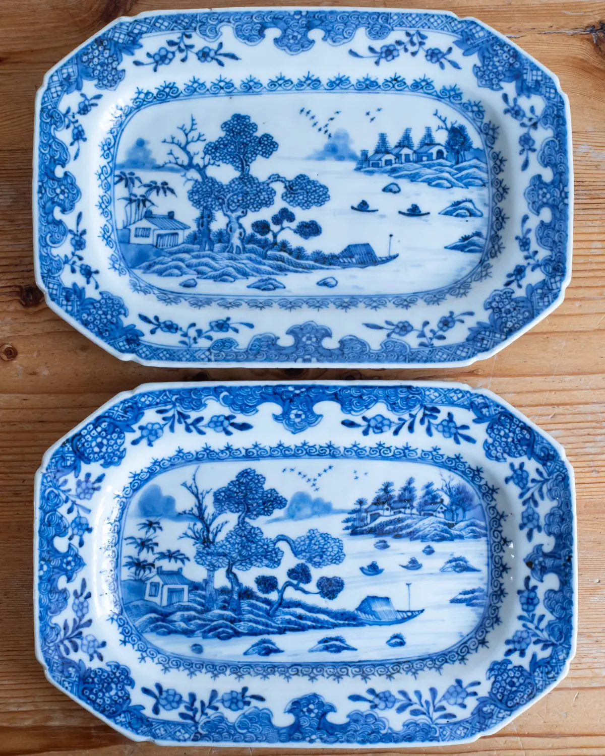 Chinese Antique 18thC Qianlong Period Qing Blue White Porcelain Platters 22x15cm
