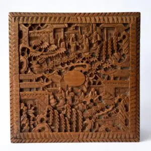 Chinese Antique Vintage Canton Relief Carved Wooden Box. Working Lock and Key