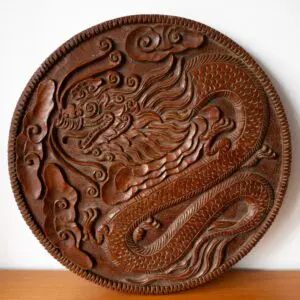 Large Chinese Relief Carved Round Wooden Dragon Plaque 20th Century