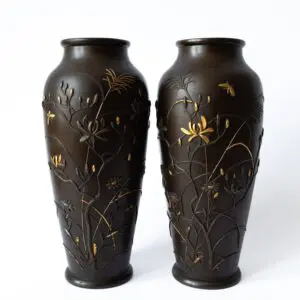 Antique Japanese Mixed Metal Gold Inlay Vases With Flowers and Butterflies