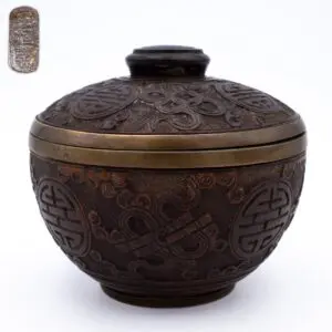 Chinese Antique Pewter Lined Coconut Bowl Marked WANG HENGXIN