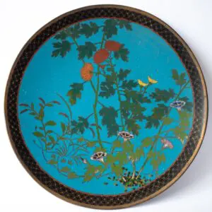 Large Antique Japanese Cloisonne Enamelled Plate With Flowers Meiji Period