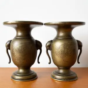 Antique Japanese Silver Inlaid Bronze Usubata Vases Elephant Handles