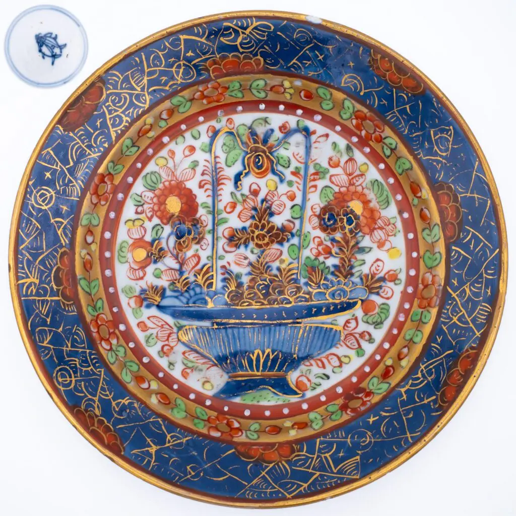 Chinese Antique Clobbered Blue and White Porcelain Flower Basket Dish. 18th Century