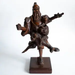 Chinese Antique Root Wood Statue Figure of a Fisherman on Stand 19th - 20th C