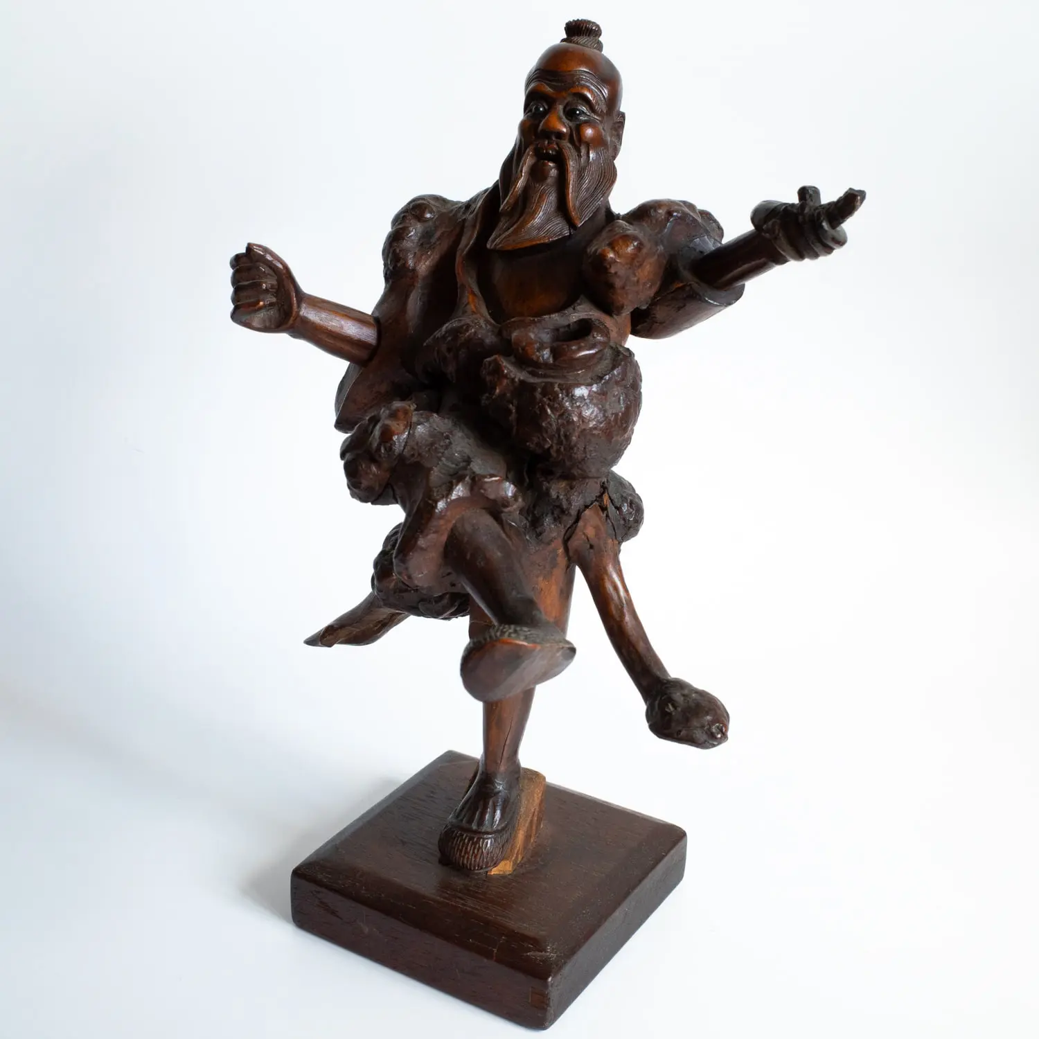 Chinese Antique Root Wood Statue Figure of a Fisherman on Stand 19th - 20th C