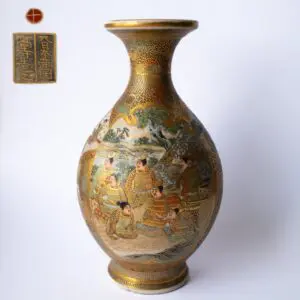 Fine Antique Japanese Meiji Period Satsuma Pottery Vase With Figures by Takadera