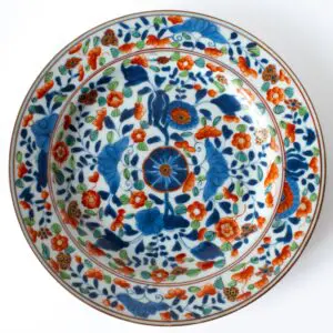 Chinese Antique Clobbered Blue and White Porcelain Floral Dish 18th-19th C Qing