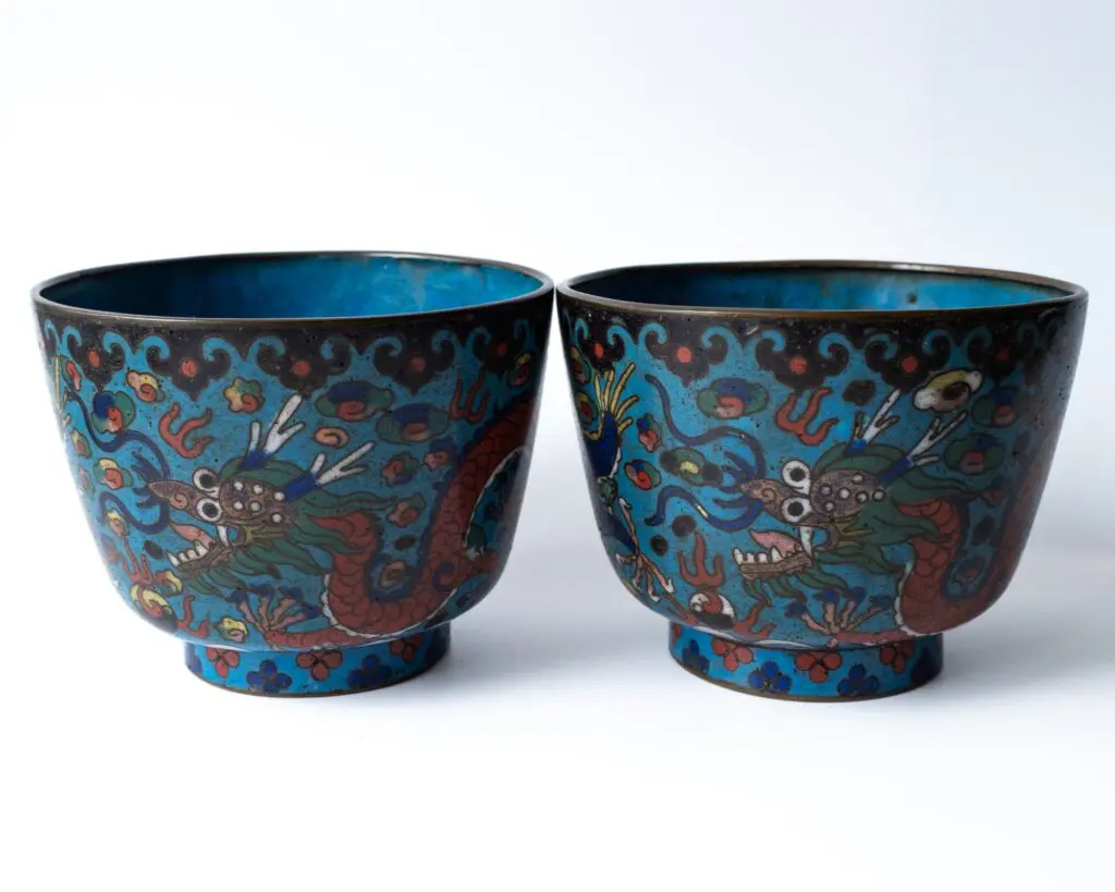 Fine Chinese Antique Cloisonne Enamelled Dragon Bowls Cups Late Qing or Republic 