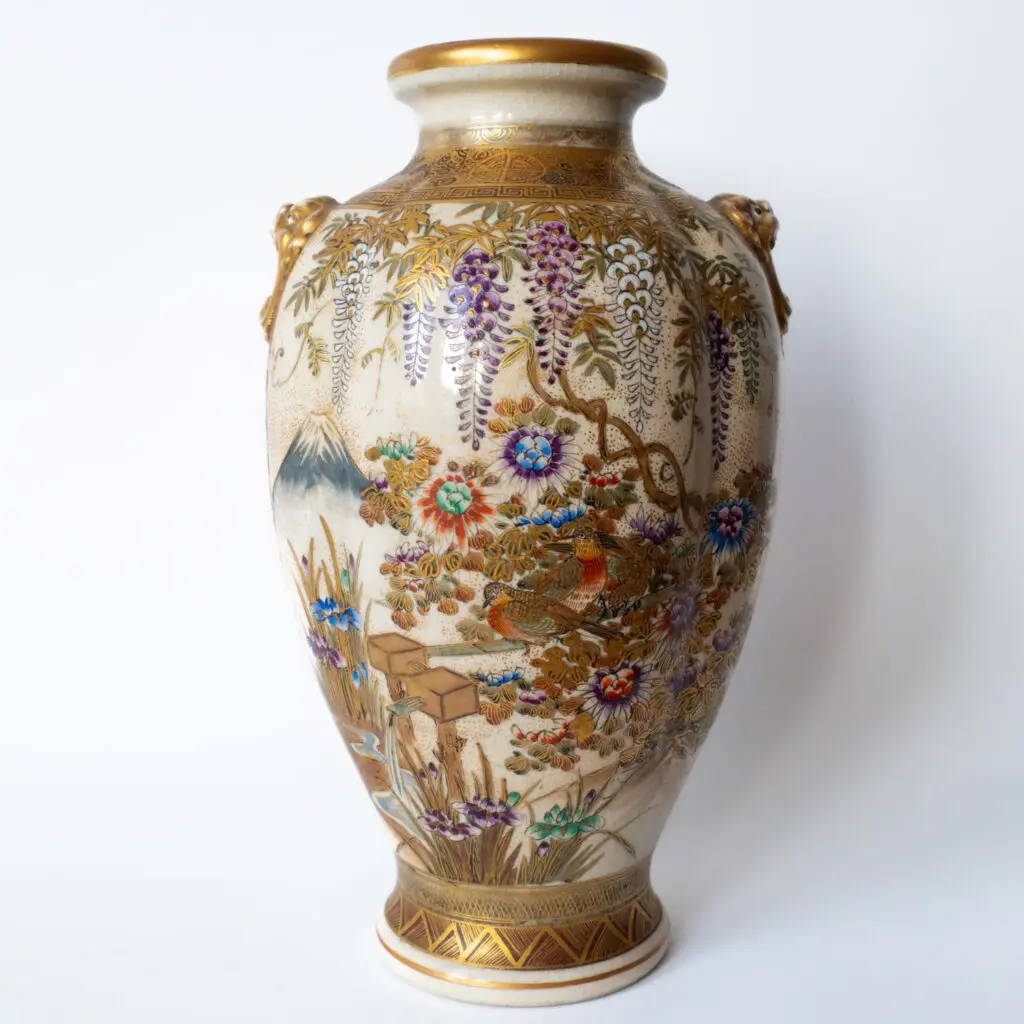 Antique Japanese Meiji Taisho Satsuma Pottery Vase With Mask Handles by Hododa 