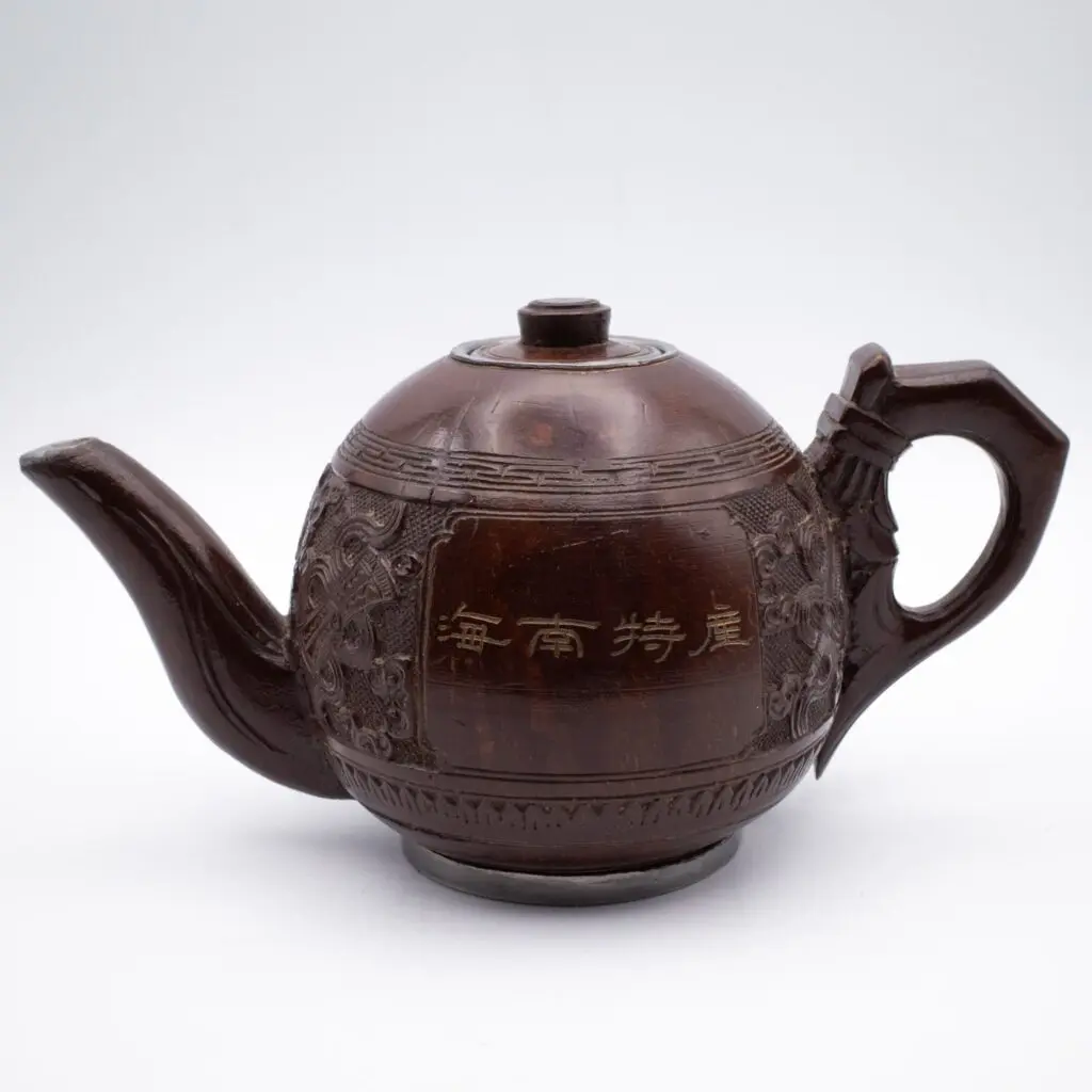 Fine Chinese Vintage Pewter Lined Hainan Coconut Teapot Mid-20th C Inscribed 