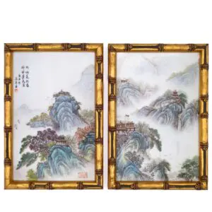 Fine Chinese Antique Vintage Famille Rose Porcelain Landscape Plaques Inscribed