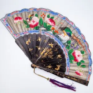 Fine Chinese Antique 19th C Qing Gilt Lacquered Hand Painted Canton Export Fan