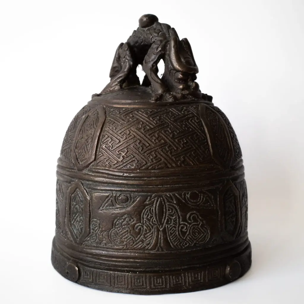 Chinese Antique Taotie Mask Relief Decorated Bronze Temple Bell Qing Dynasty