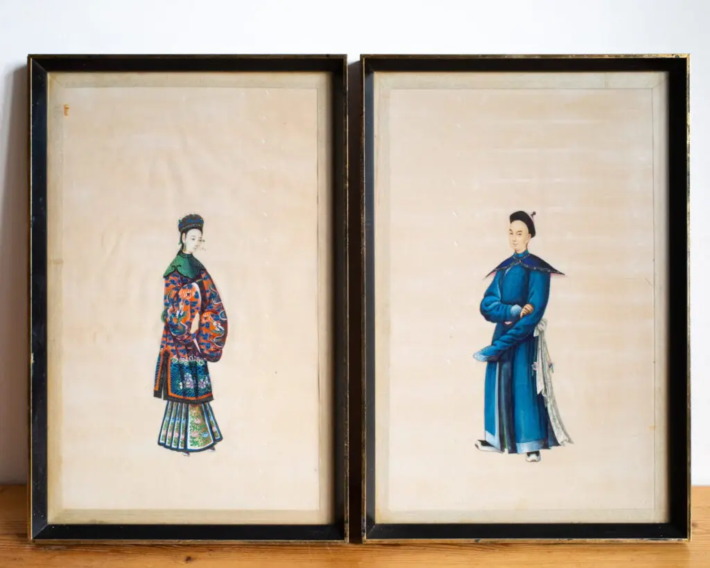 Fine Pair Chinese Antique 19th Century Qing Export Pith Paper Gouache Paintings
