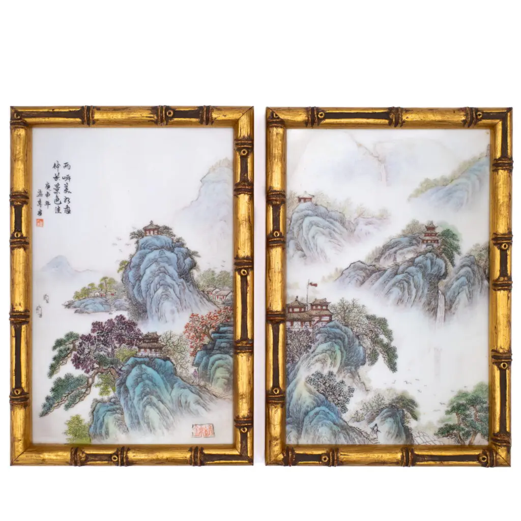 Fine Chinese Antique Vintage Famille Rose Porcelain Landscape Plaques Inscribed
