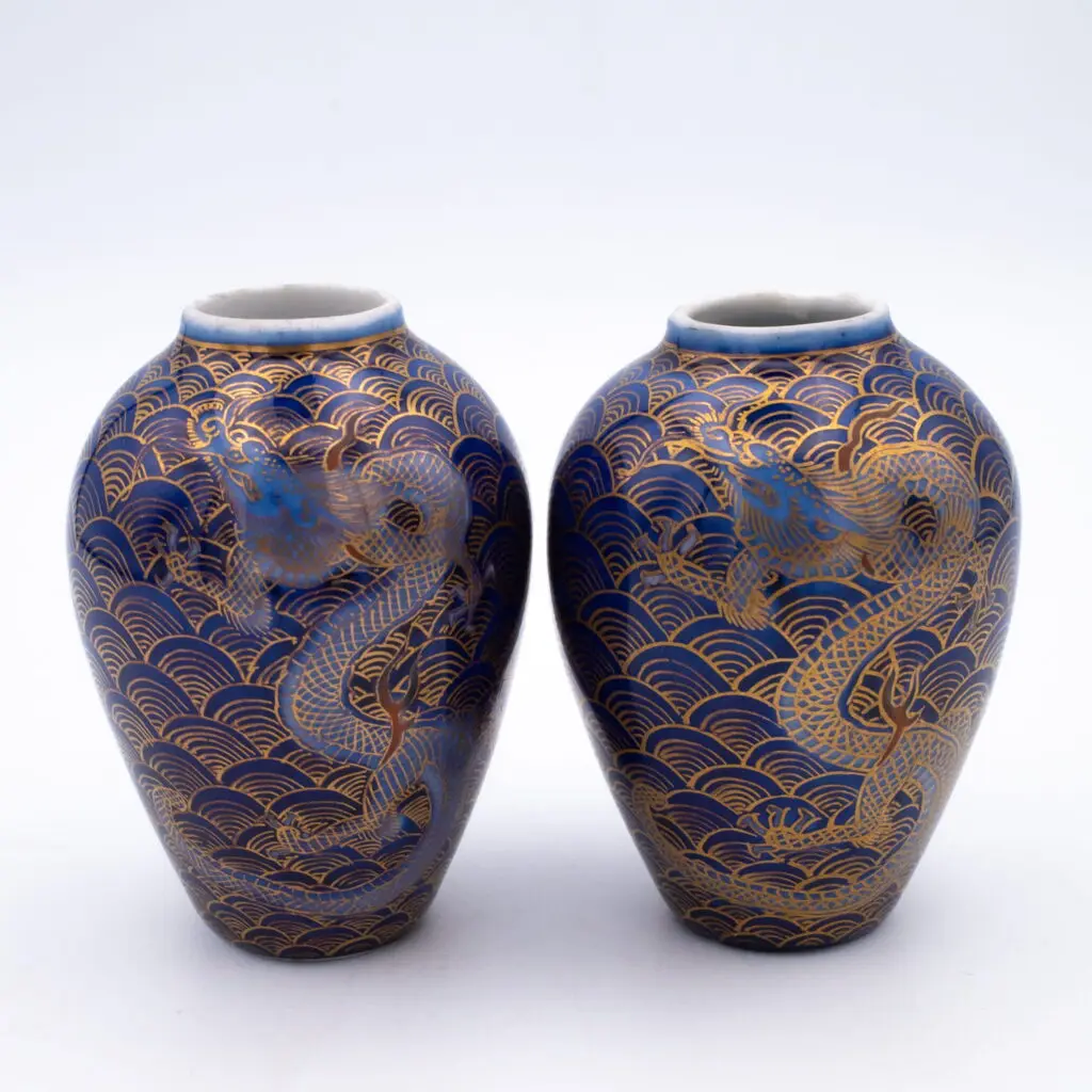 Antique Japanese Miniature Porcelain Vases With Dragons by Fukagawa Seiji 20th C
