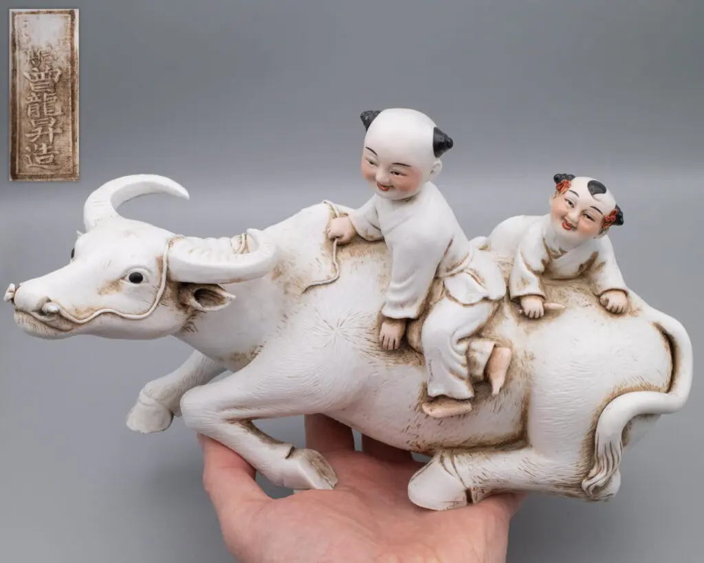 Fine Chinese Porcelain Figure Boys on a Buffalo by Zeng Longsheng Republic PRoC
