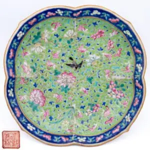 Chinese Antique Qing Green Ground Famille Rose Porcelain Footed Dish Tongzhi Mark