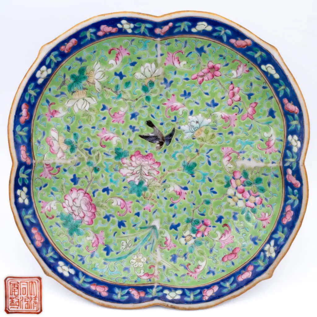 Chinese Antique Qing Green Ground Famille Rose Porcelain Footed Dish Tongzhi