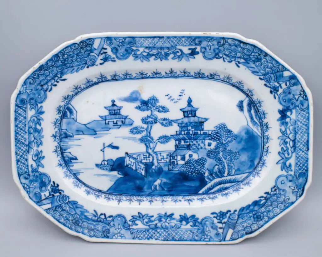 Chinese Antique Qianlong Blue White Porcelain Landscape Platter 26.5x19cm