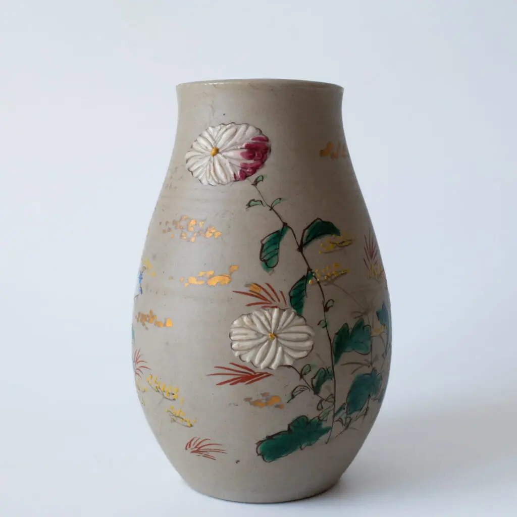 Antique Vintage Japanese Banko Ware Vase With Polychrome Decoration Marked 萬古