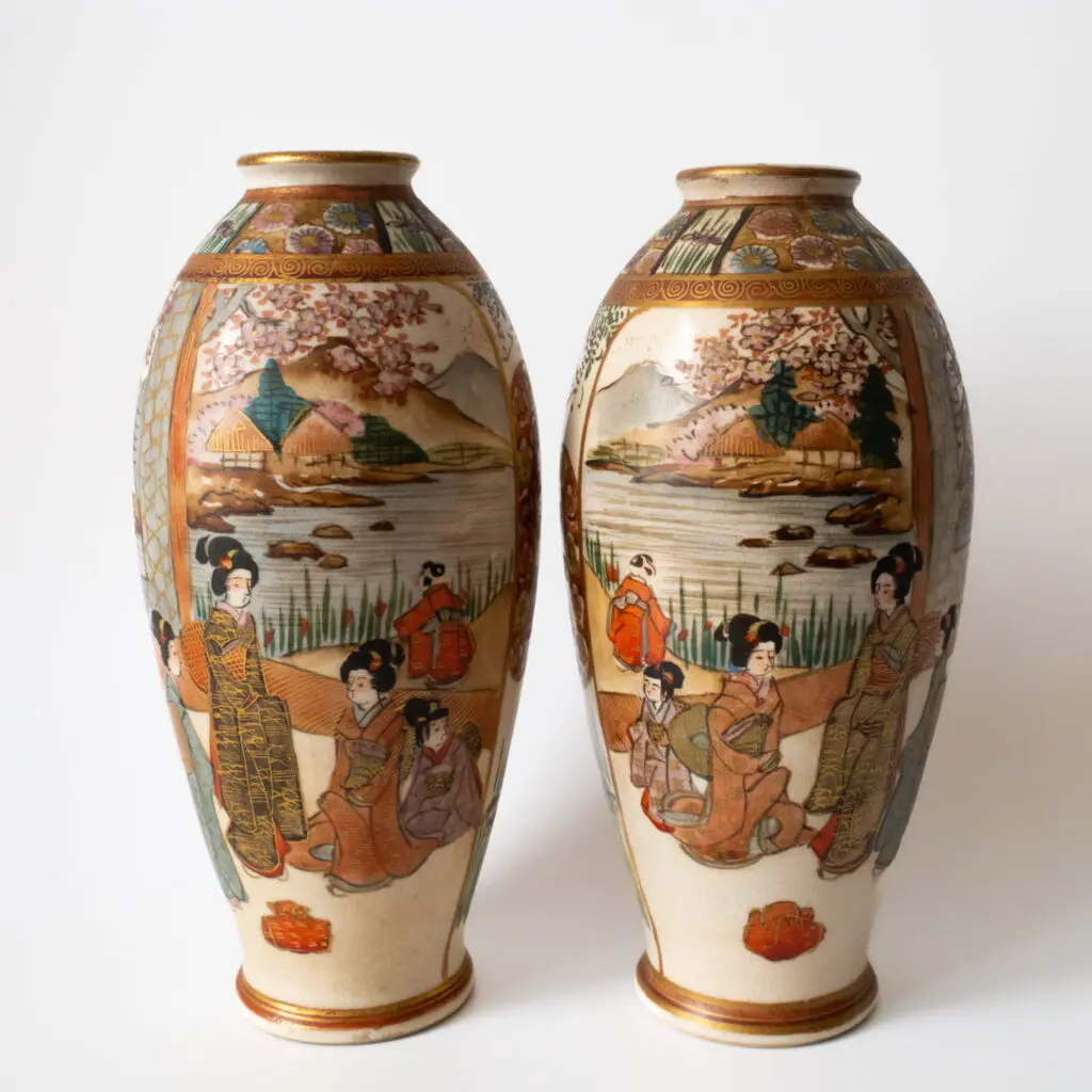 Antique Japanese Satsuma Pottery Vases With Figures Early 20th Century Signed
