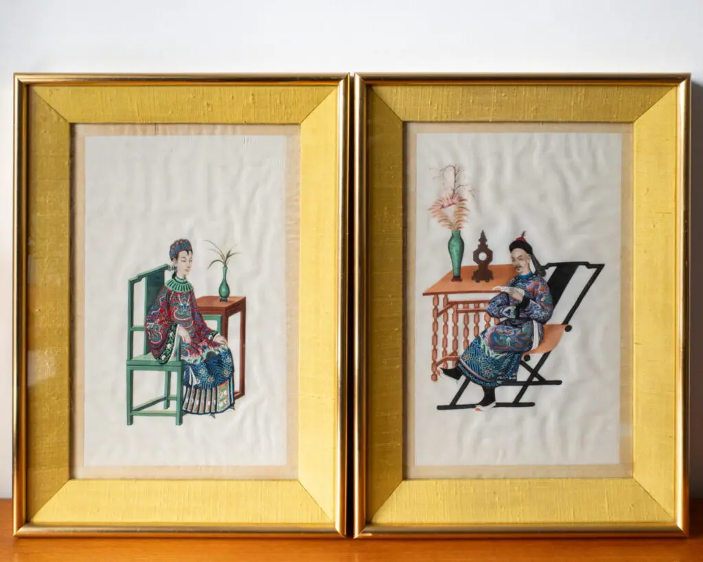 Fine Pair of Chinese Antique 19th C Qing Export Gouache Paintings on Pith Paper