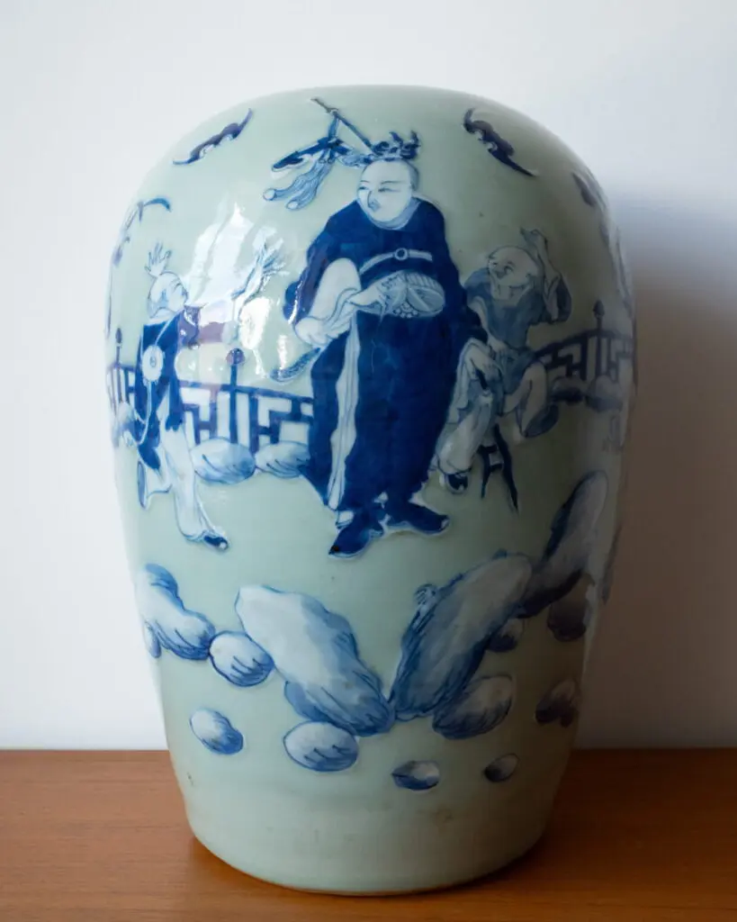 LARGE Chinese Antique 19th C Qing Dynasty Celadon Glazed Jar Immortal and Boys