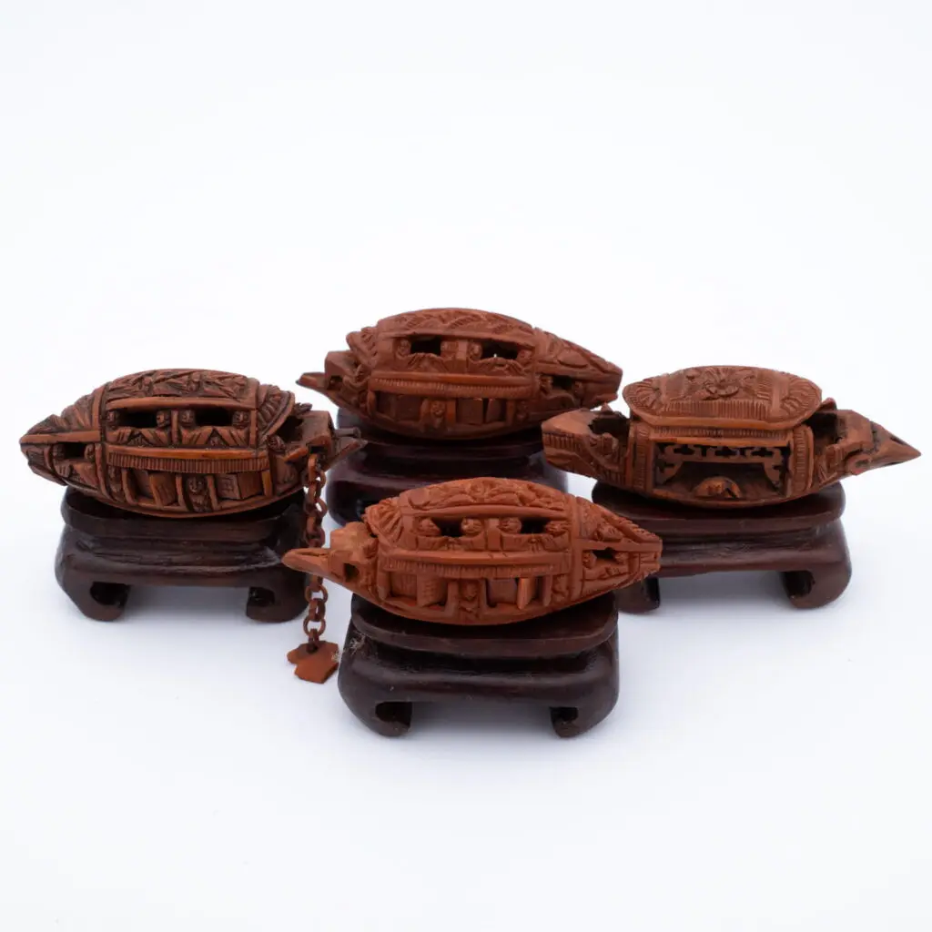 Chinese Antique Openwork Hediao Nut Boats Beads on Stands 19th-20th Century