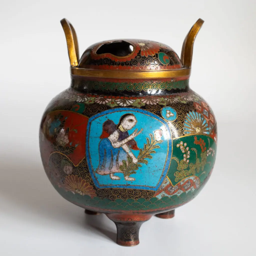 Fine Antique Japanese Meiji Egyptian Revival Cloisonne Koro Incense Burner