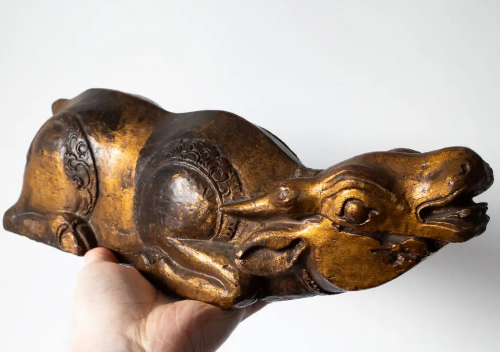 Antique Indonesian Gilt Lacquered Wooden Statue of Nandi Bull 19th-20th C Bali