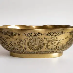 Large Chinese Antique Vintage Bronze Brass Dragon Bowl With Wavy Rim 20th C