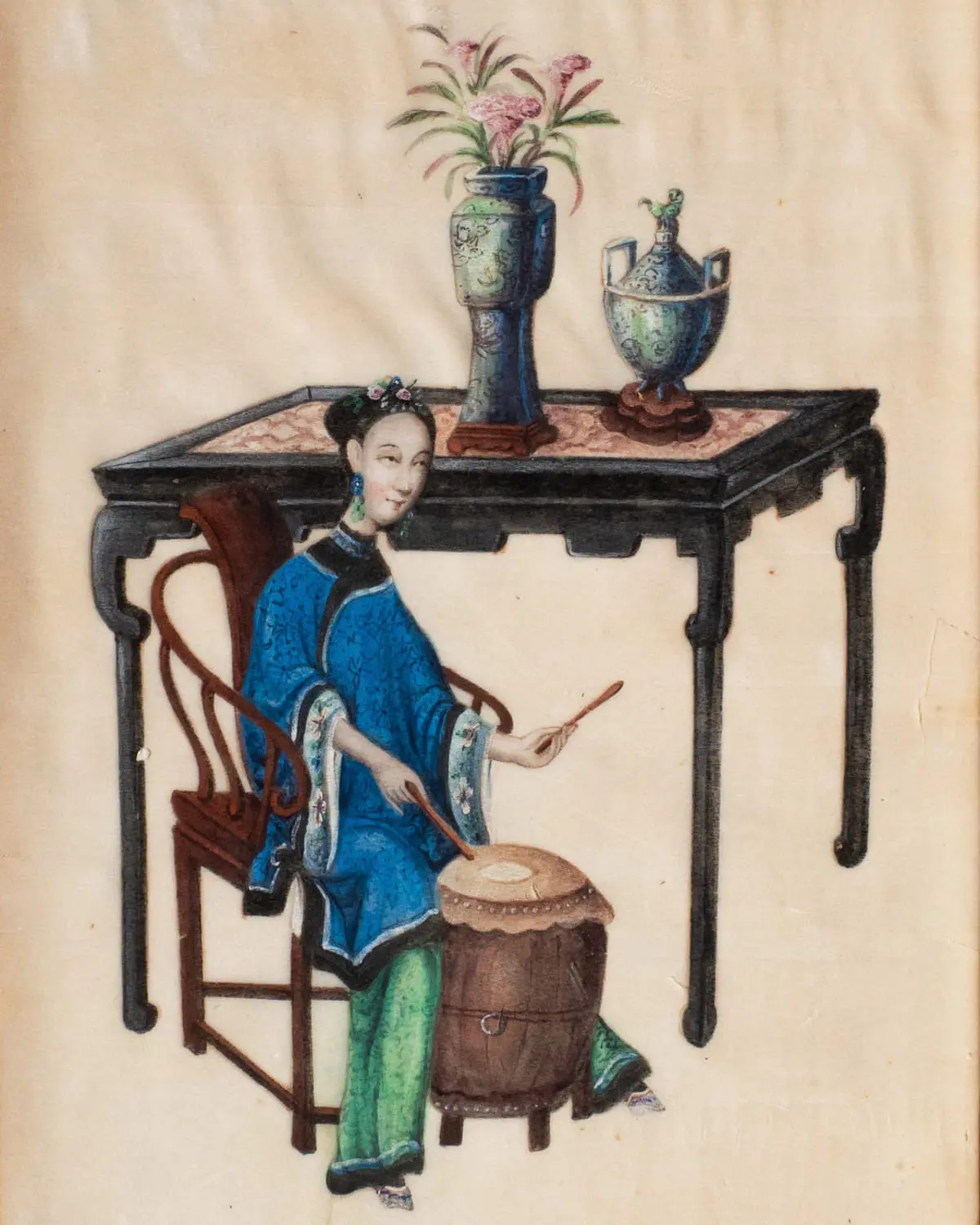 Large Chinese Antique 19th C Qing Drummer Export Gouache Painting on Pith Paper